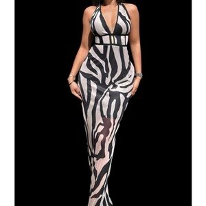 Animal Print Halter Maxi Dress with Open Back & Built-In Mini Skirt